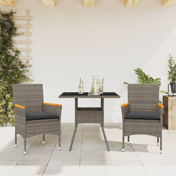 vidaXL Ensemble &agrave; manger de jardin et coussins 3 pcs gris rotin verre