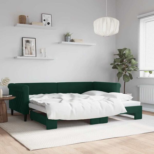 vidaXL Lit de jour avec gigogne sans matelas vert fonc&eacute; 90x200 cm