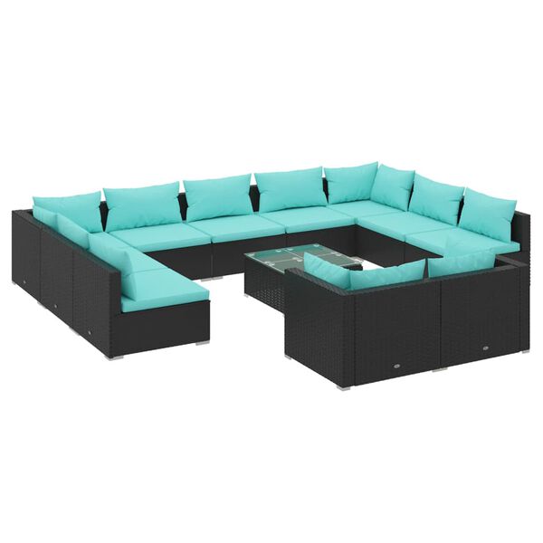vidaXL Salon de jardin 12 pcs avec coussins Noir R&eacute;sine tress&eacute;e