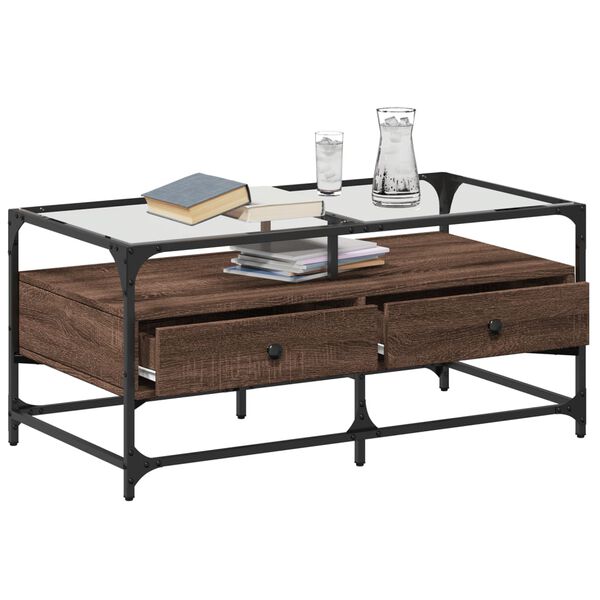 vidaXL Table basse et dessus en verre ch&ecirc;ne marron 98,5x50x45 cm acier