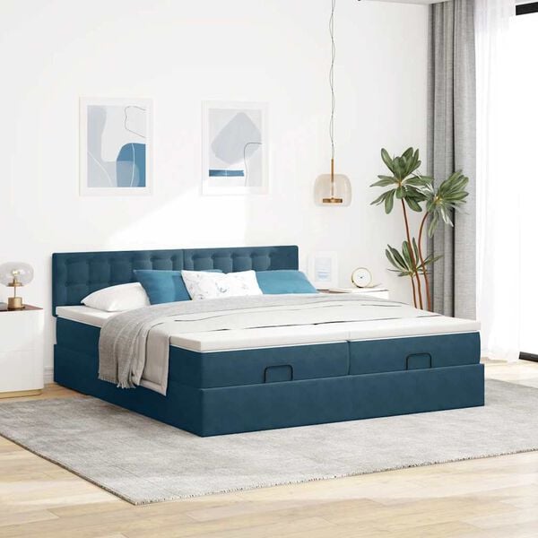 VidaXL Cadre de lit ottoman avec matelas bleu fonc&eacute; 180x200 cm velours