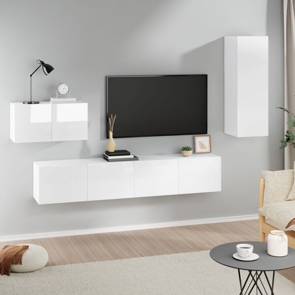 vidaXL Ensemble de meubles TV 4 pcs Blanc brillant Bois d'ing&eacute;nierie