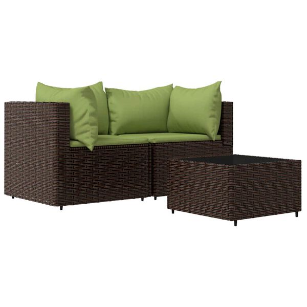 vidaXL Salon de jardin 3 pcs avec coussins marron résine tressée
