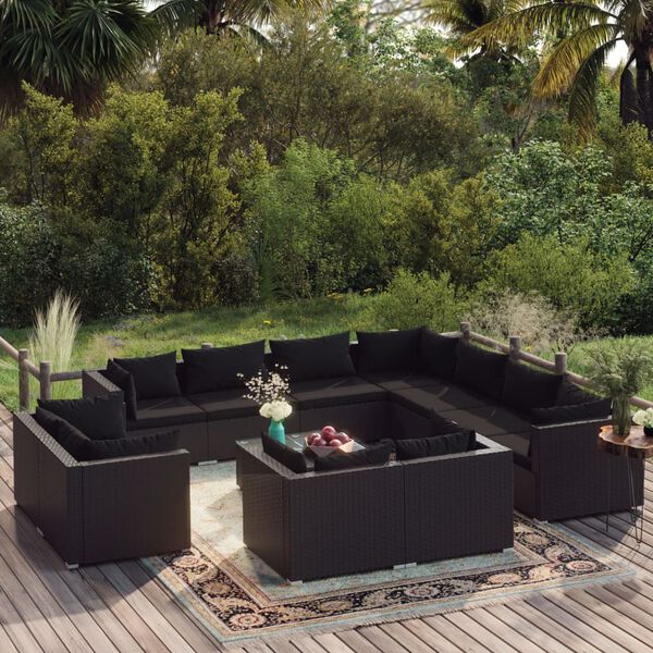 vidaXL Salon de jardin 12 pcs avec coussins Noir R&eacute;sine tress&eacute;e