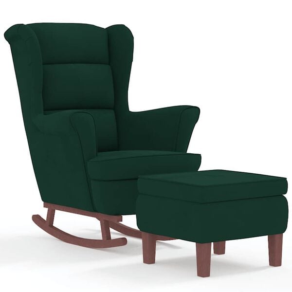 vidaXL Fauteuil &agrave; bascule &agrave; oreilles en velours vert fonc&eacute; bois massif