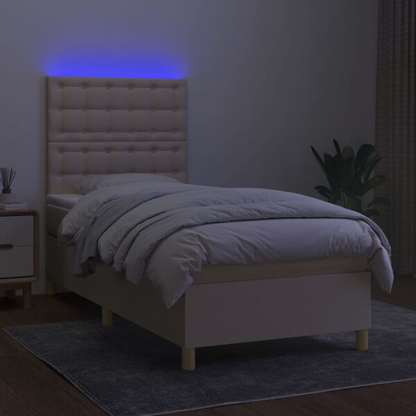 vidaXL Sommier &agrave; lattes de lit et matelas et LED Cr&egrave;me 90x200 cm Tissu