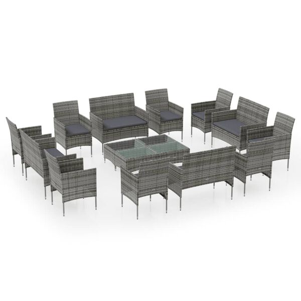 vidaXL Salon de jardin 16 pcs avec coussins R&eacute;sine tress&eacute;e Gris