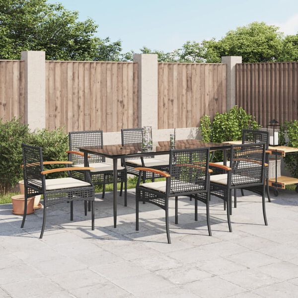 vidaXL Ensemble &agrave; manger de jardin coussins 7pcs Noir R&eacute;sine tress&eacute;e