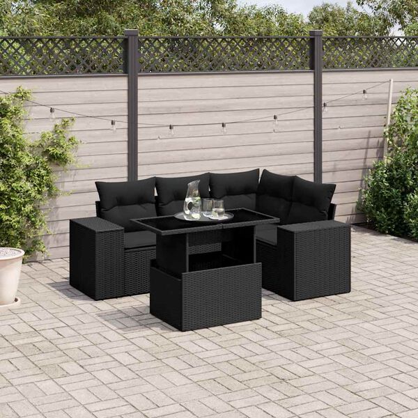 vidaXL Salon de jardin 5 pcs avec coussins noir r&eacute;sine tress&eacute;e