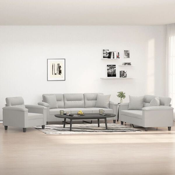 vidaXL Ensemble de canap&eacute;s 3 pcs coussins Gris clair Tissu microfibre