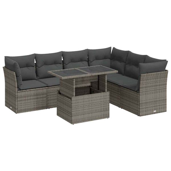vidaXL Salon de jardin avec coussins 7 pcs gris r&eacute;sine tress&eacute;e