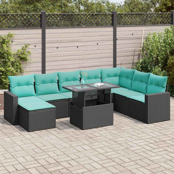 vidaXL Salon de jardin avec coussins 9 pcs noir r&eacute;sine tress&eacute;e acacia