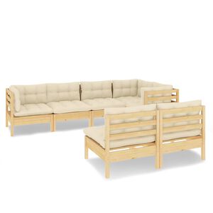 vidaXL Salon de jardin 7 pcs avec coussins cr&egrave;me bois de pin massif