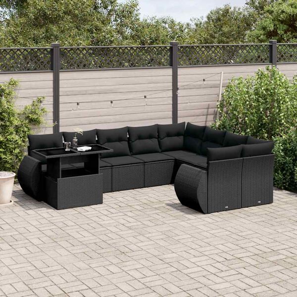 vidaXL Salon de jardin 10 pcs avec coussins noir r&eacute;sine tress&eacute;e
