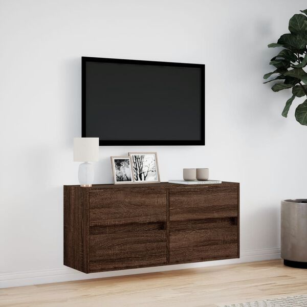 vidaXL Meuble TV mural avec lumi&egrave;res LED ch&ecirc;ne marron 100x31x45 cm