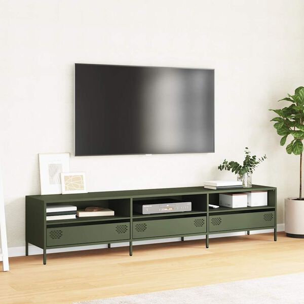 vidaXL Meuble TV vert olive 202x39x43,5 cm acier lamin&eacute; &agrave; froid
