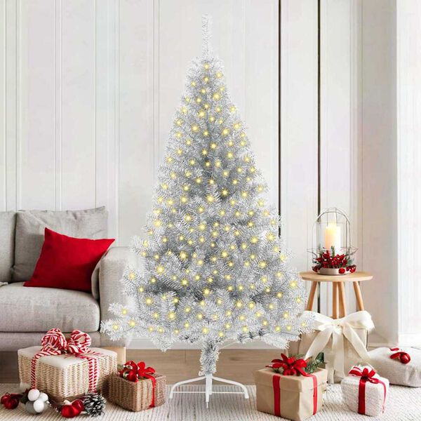 vidaXL Sapin de No&euml;l artificiel pr&eacute;-&eacute;clair&eacute; Argent 180 cm PET