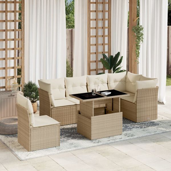 vidaXL Salon de jardin avec coussins 7 pcs beige r&eacute;sine tress&eacute;e