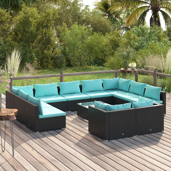 vidaXL Salon de jardin 12 pcs avec coussins Noir R&eacute;sine tress&eacute;e