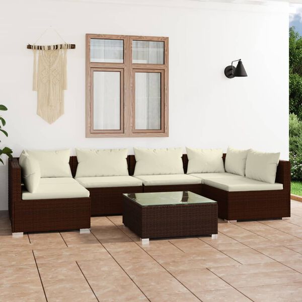 vidaXL Salon de jardin 7 pcs avec coussins R&eacute;sine tress&eacute;e Marron