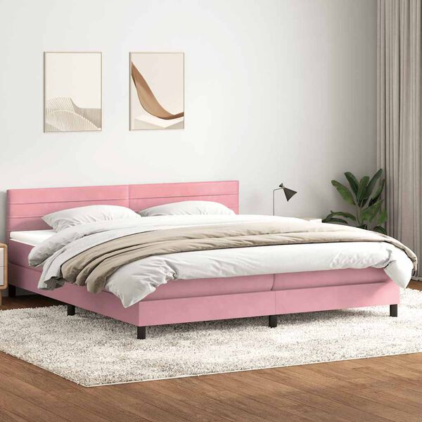 vidaXL Sommier &agrave; lattes de lit avec matelas et LED rose 180x210 cm velours