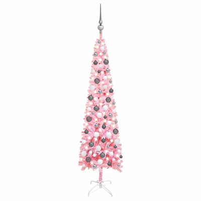 vidaXL Arbre de Noël mince pré-éclairé et boules rose 150 cm