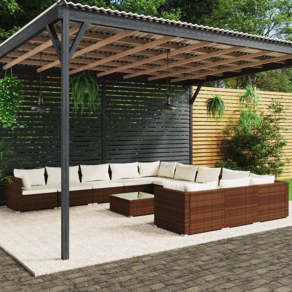 vidaXL Salon de jardin 12 pcs avec coussins R&eacute;sine tress&eacute;e Marron