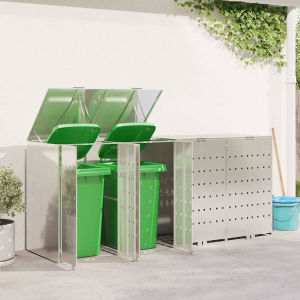 vidaXL Rangement de poubelle à roulettes pour 3 poubelles Argent
