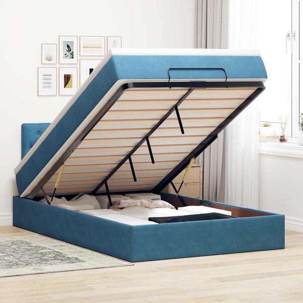 vidaXL Lit ottoman avec matelas et LED bleu fonc&eacute; 90x200cm velours