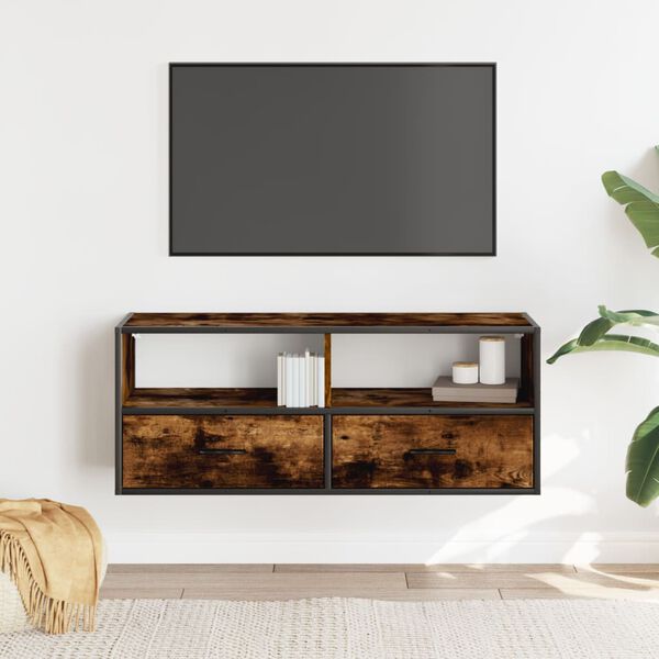 vidaXL Meuble TV ch&ecirc;ne fum&eacute; 100x31x39,5 cm bois d'ing&eacute;nierie et m&eacute;tal