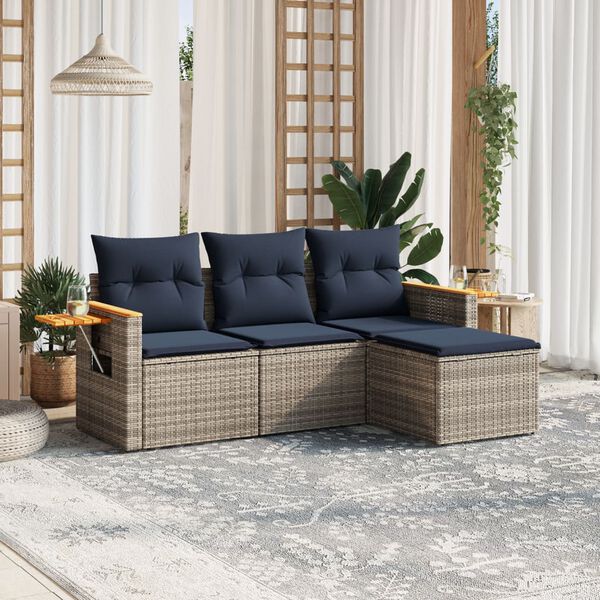vidaXL Salon de jardin 4 pcs avec coussins gris r&eacute;sine tress&eacute;e
