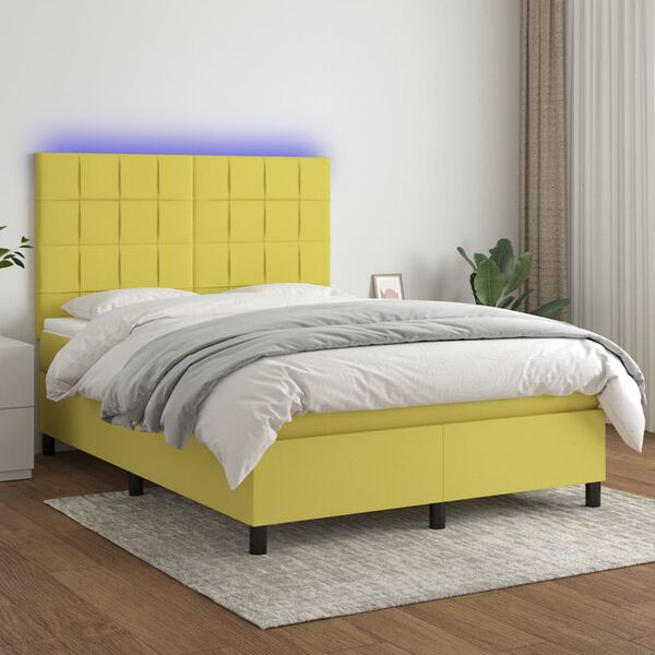 vidaXL Sommier &agrave; lattes de lit et matelas et LED Vert 140x200 cm Tissu