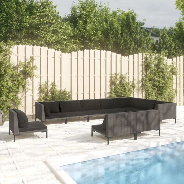 vidaXL Salon de jardin 10 pcs avec coussins R&eacute;sine tress&eacute;e Gris fonc&eacute;