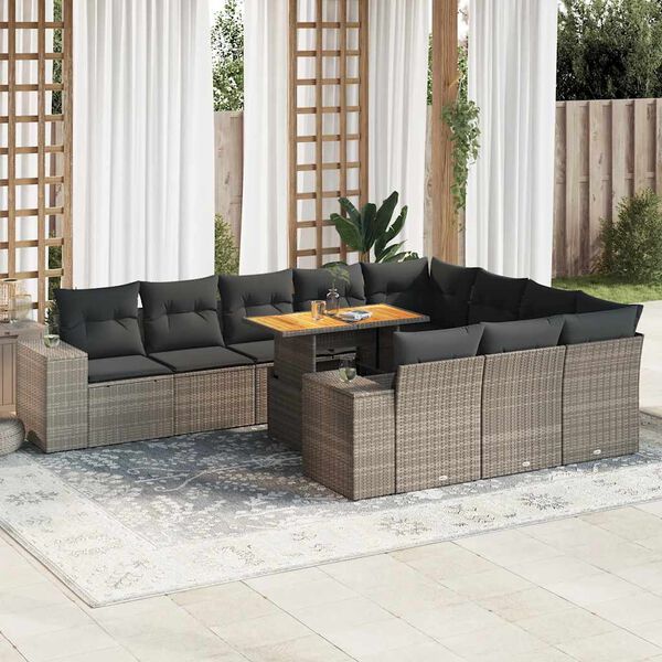 vidaXL Salon de jardin avec coussins 10 pcs gris résine tressée acacia