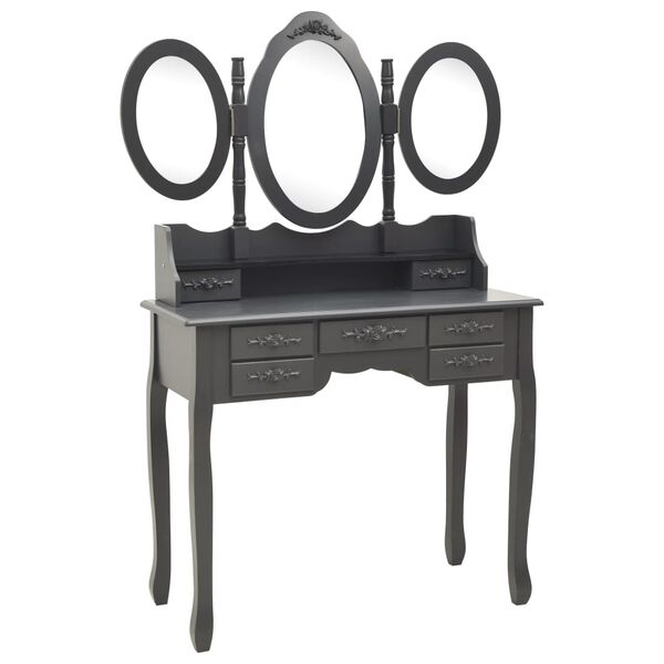 vidaXL Coiffeuse avec tabouret et miroir pliable en 3 Gris