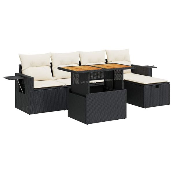 vidaXL Salon de jardin 6 pcs avec coussins noir r&eacute;sine tress&eacute;e acacia