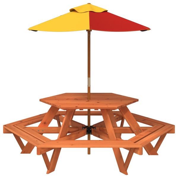 vidaXL Table de pique-nique pour 6 enfants avec parasol hexagone sapin