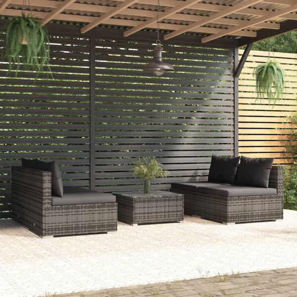 vidaXL Salon de jardin 5 pcs avec coussins r&eacute;sine tress&eacute;e gris