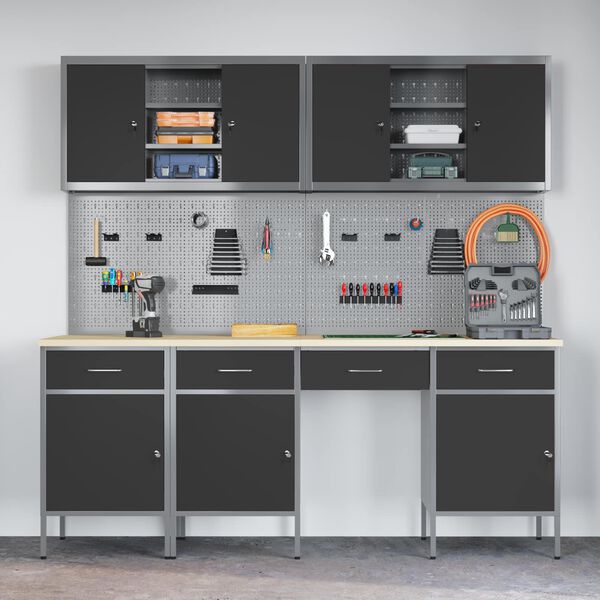 vidaXL Placard de travail 10 pcs Noir Bois d'ing&eacute;nierie et acier