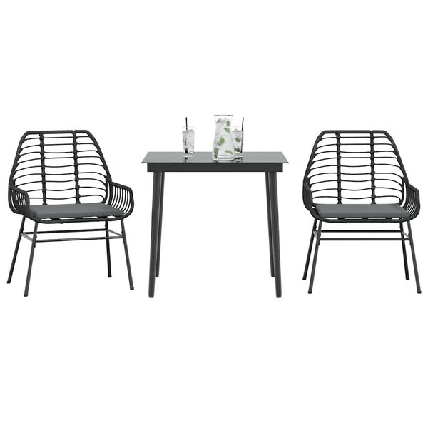 vidaXL Ensemble &agrave; manger de jardin et coussins 3 pcs noir rotin verre