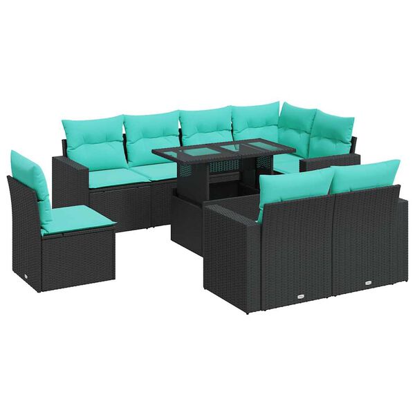 vidaXL Salon de jardin avec coussins 9 pcs noir r&eacute;sine tress&eacute;e acacia