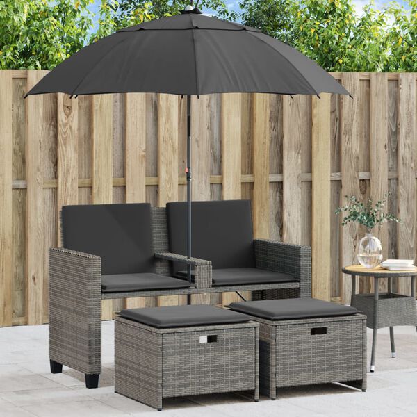 vidaXL Canapé de jardin 2 places avec parasol et tabourets gris rotin