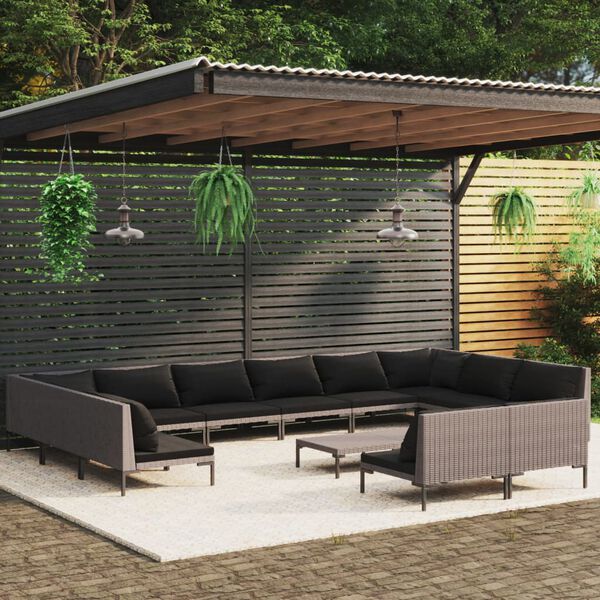 vidaXL Salon de jardin 13 pcs avec coussins Résine tressée Gris foncé