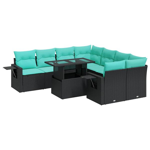 vidaXL Salon de jardin avec coussins 9pcs noir r&eacute;sine tress&eacute;e acacia