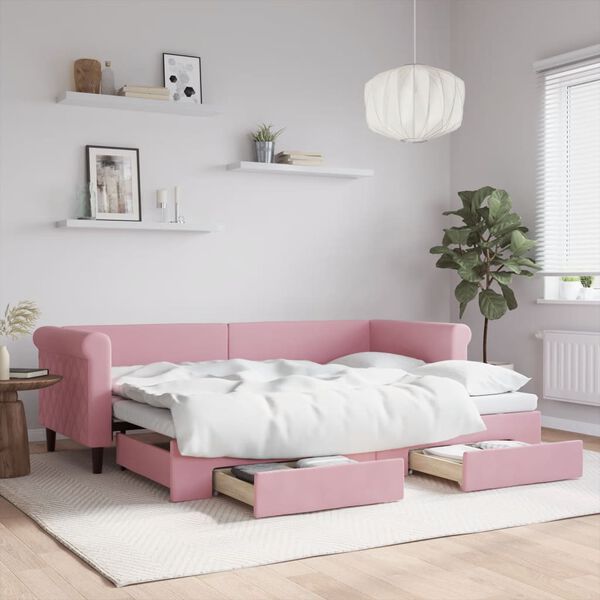 vidaXL Lit de jour avec gigogne et tiroirs sans matelas rose 80x200 cm