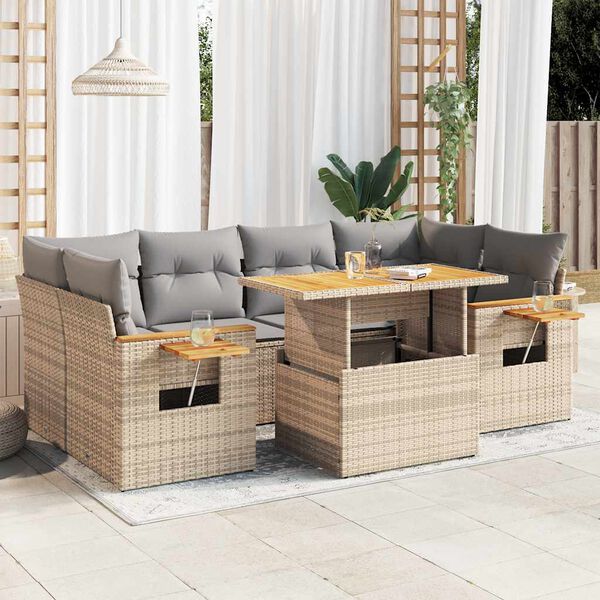 vidaXL Salon de jardin avec coussins 7 pcs beige résine tressée acacia