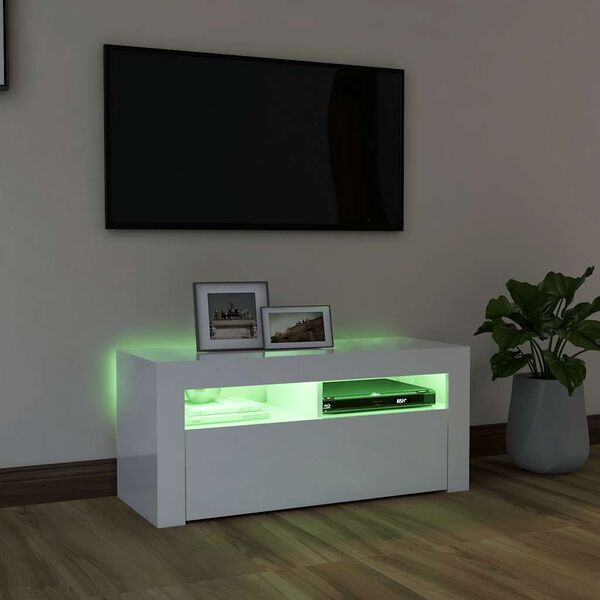 vidaXL Meuble TV avec lumi&egrave;res LED blanc brillant 90x35x40 cm