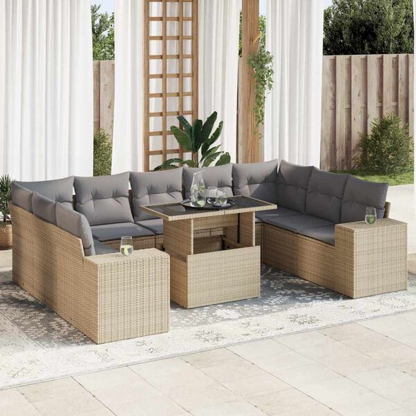 vidaXL Salon de jardin avec coussins 10 pcs beige résine tressée
