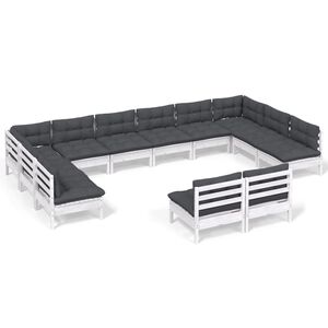 vidaXL Salon de jardin 12 pcs avec coussins blanc bois de pin solide
