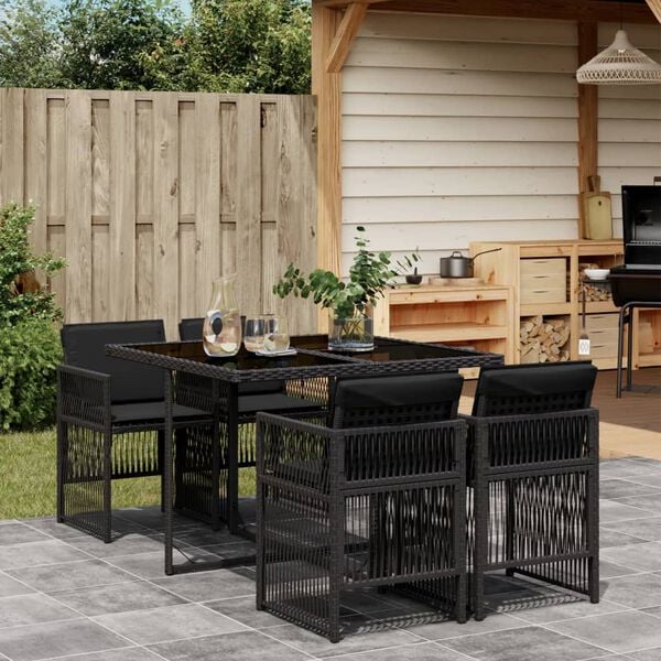 vidaXL Ensemble &agrave; manger de jardin coussins 5pcs Noir R&eacute;sine tress&eacute;e
